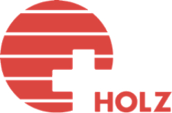 Logo von Schweizer Holz. Weisses Schweizer Kreuz auf rotem Kreis mit weissen Strichen.